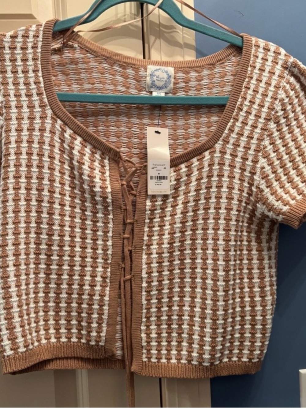 Francesca's Cream and Camel Houndstooth Lace-Up Cardigan